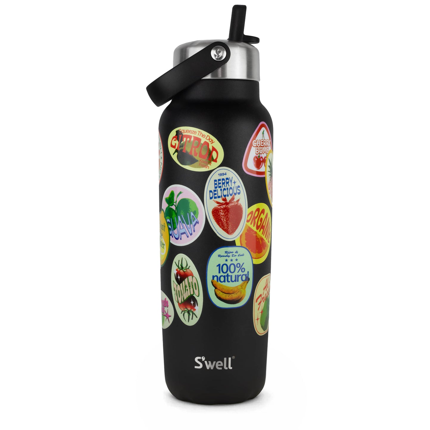 explorer-with-flip-straw-lid-40oz-e1 01_Swell_Fruit_Stand_Stamp_Pattern_Onyx_Black_Front.jpg